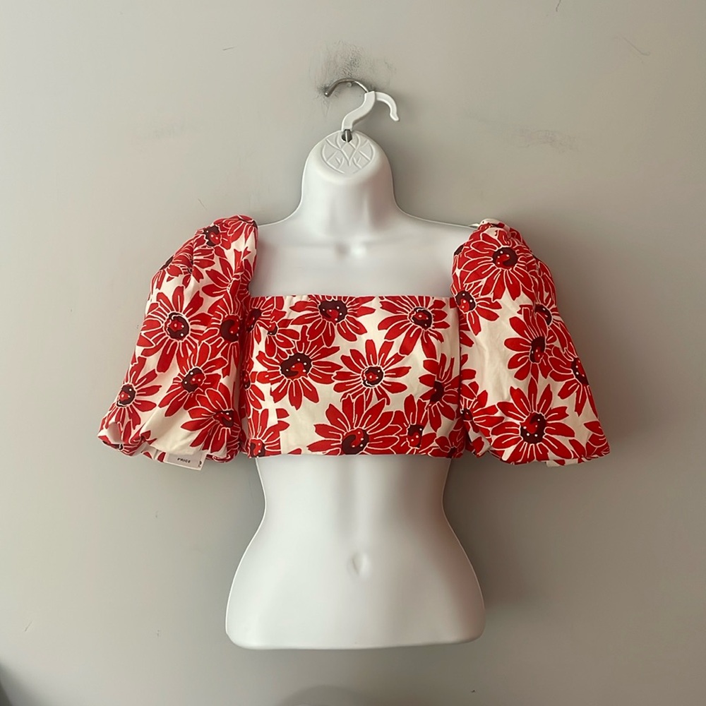 Mango Red Floral Puff Sleeve Crop Top Blouse NWOT